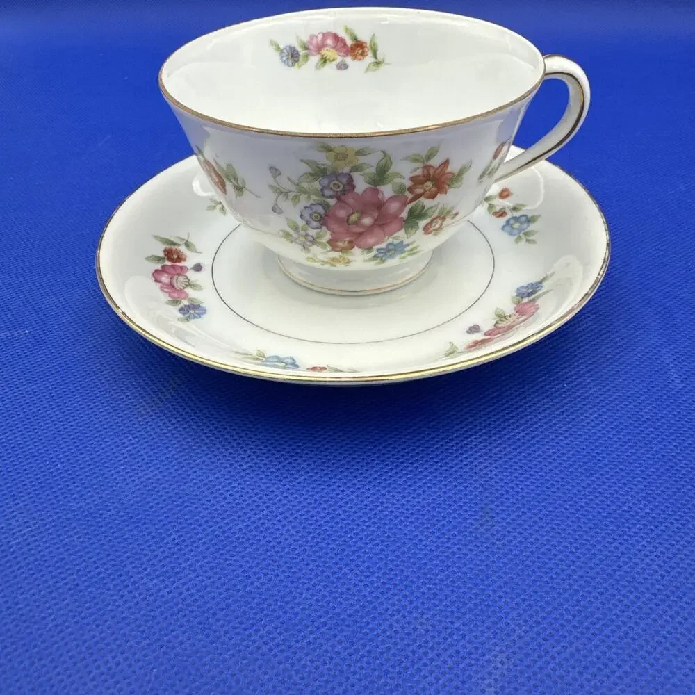VTG Moriyama Teacup &‎ Saucer Floral Design Gold Trim Made in Occupied Japan